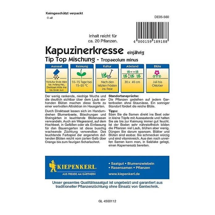 Kiepenkerl Profi-Line Kräutersamen Kapuzinerkresse Tip Top 3918 - Tropaeolum minus, Saatzeit: Mai - Samenpackung Kapuzinerkresse: Einjährige Tip Top Mischung für farbenfrohe Blüten von Gelb bis Scharlachrot im Garten.