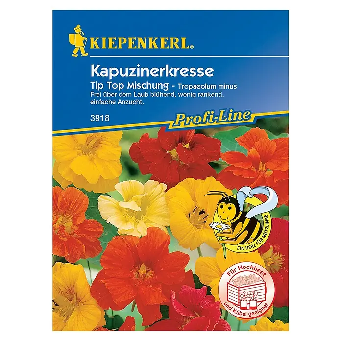 Kiepenkerl Profi-Line Kräutersamen Kapuzinerkresse Tip Top 3918 - Tropaeolum minus, Saatzeit: Mai - Bild einer Samentüte Kapuzinerkresse "Tip Top Mischung" von Kiepenkerl mit bunten Blüten.