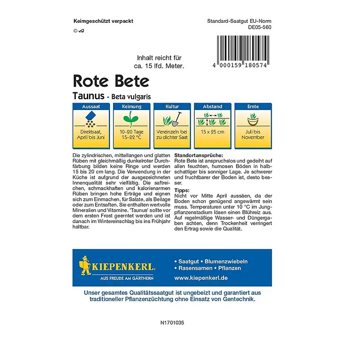 Kiepenkerl Profi-Line Gemüsesamen Rote Bete - Taunus F1, Beta vulgaris, Erntezeit: Juli - Samentüte 'Rote Bete Taunus': Zylindrische, dunkelrote Rüben für vielfältige Küchenanwendungen. Ernte von Juli bis November.