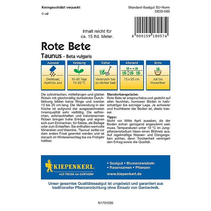 Kiepenkerl Profi-Line Gemüsesamen Rote Bete (Taunus F1, Beta vulgaris, Erntezeit: Juli) | BAUHAUS