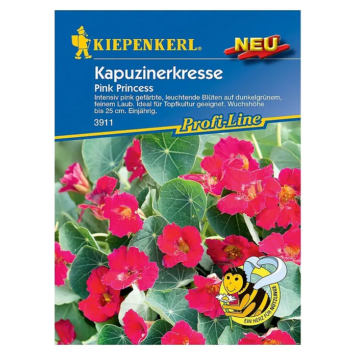 Kiepenkerl Profi-Line Kräutersamen KapuzinerkresseTropaeolum minus, Saatzeit: April - Samenpackung Kapuzinerkresse 'Pink Princess' von Kiepenkerl, ideal für Topfkultur mit intensiv pinken Blüten und feinem Laub.