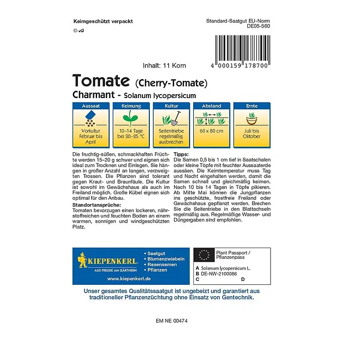 Kiepenkerl Profi-Line Gemüsesamen Cherry-Tomate Charmant - Solanum lycopersicum, Erntezeit: Juli - Bild einer Samenpackung "Charmant" Cherry-Tomaten von Kiepenkerl mit Anbauhinweisen und Produktinformationen.