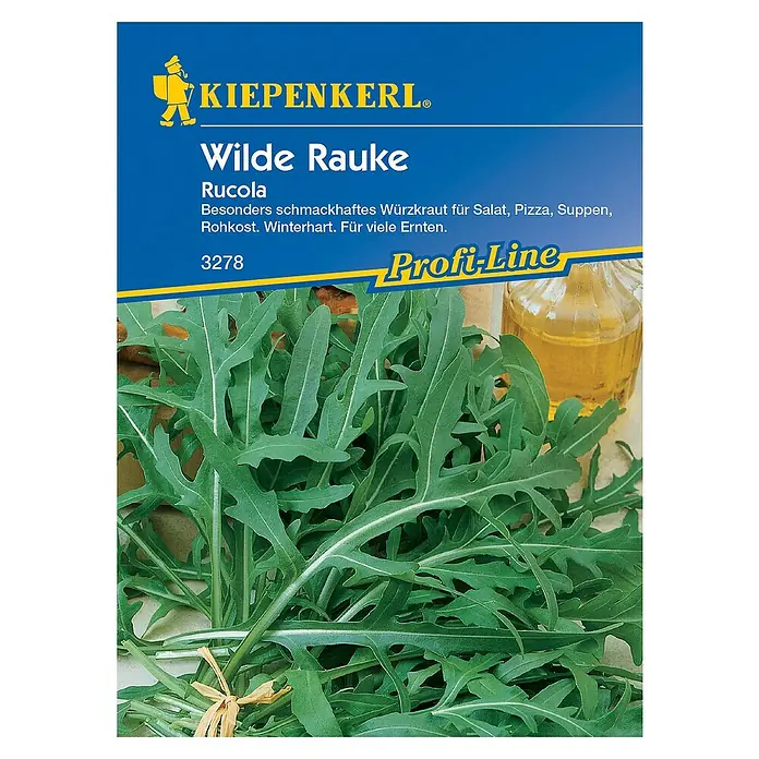 Kiepenkerl Profi-Line Salatsamen Wilde Rauke Rucola - Diplotaxis tenuifolia, Erntezeit: Ganzjährig - Abbildung einer Kiepenkerl Wilden Rauke-Saatpackung, ideal für Salat, Pizza und Suppen.