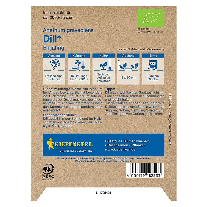 Kiepenkerl Profi-Line Kräutersamen Bio Dill - Anethum graveolens var. hortorum, Saatzeit: April, Erntezeit: Juni - Abbildung einer Samenpackung mit Informationen zur Aussaat von Anethum graveolens Dill, einer einjährigen Pflanze.