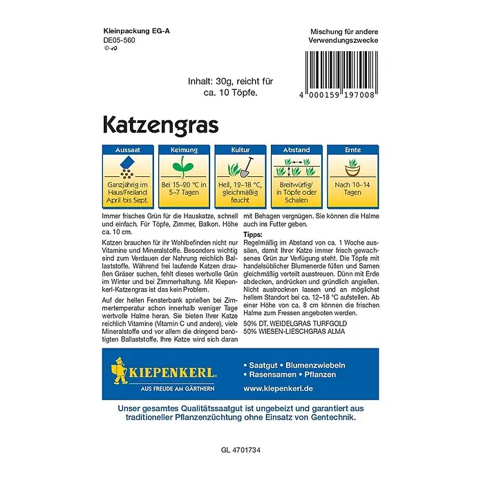 Kiepenkerl Profi-Line Saatgut Katzengras - Verschiedene sorten - Abbildung der Verpackung von Kiepenkerl Katzengras-Samen, ideal für Zimmer- und Freilandhaltung, mit Anweisungen zu Aussaat, Keimung, Kultur und Ernte.