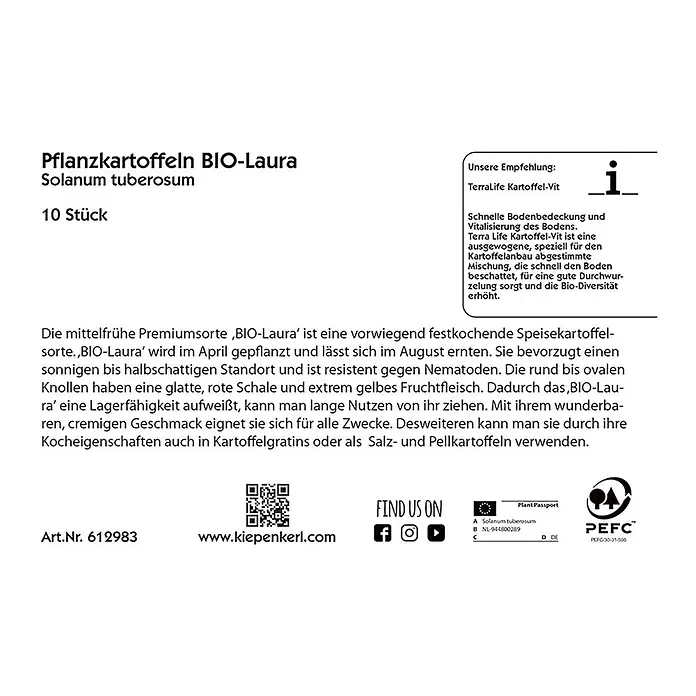 Kiepenkerl Profi-Line Pflanzkartoffeln - Solanum tuberosum, Laura BIO, 10 Stk., Erntezeit: August - Bild einer BIO-Laura Pflanzkartoffel-Verpackung mit Infos zu Sorte, Anbau und Verwendung.