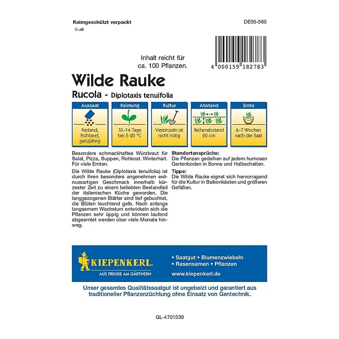 Kiepenkerl Profi-Line Salatsamen Wilde Rauke Rucola - Diplotaxis tenuifolia, Erntezeit: Ganzjährig - Abbildung einer Samentüte für Wilde Rauke (Rucola - Diplotaxis tenuifolia) mit Anbauhinweisen und dem Kiepenkerl-Logo.