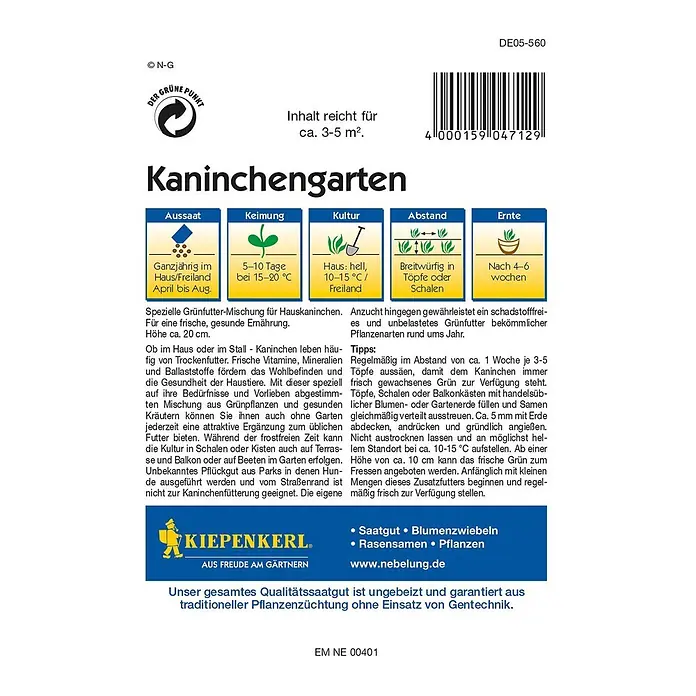 Kiepenkerl Profi-Line Saatgut Kaninchengarten - Verschiedene sorten - Kaninchengarten-Samenpackung für frisches Grünfutter. Ideal für eine gesunde Ernährung von Hauskaninchen, mit Anbauhinweisen.