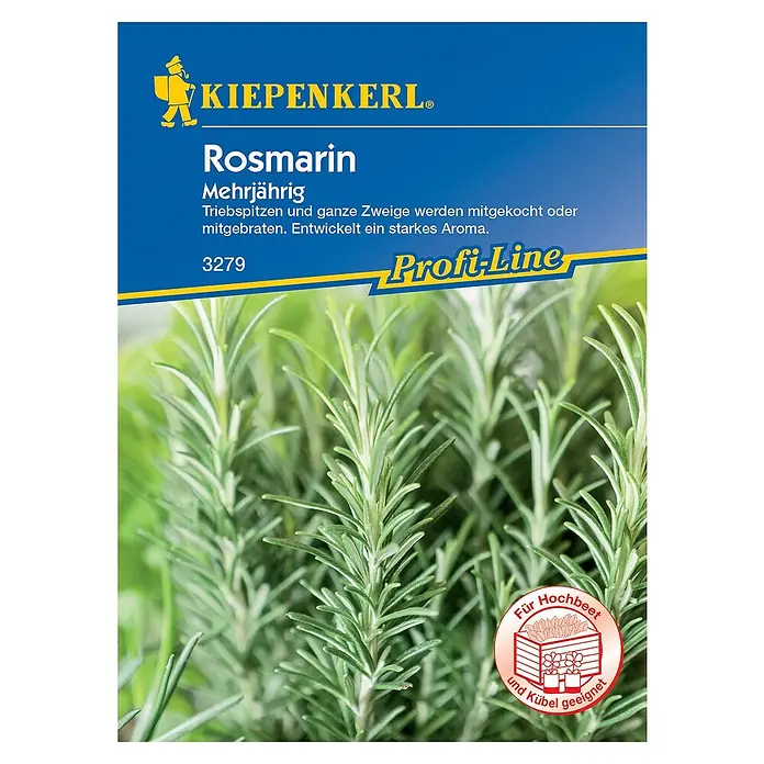 Kiepenkerl Profi-Line Kräutersamen Rosmarin - Rosmarinus officinalis, Saatzeit: Mai, Erntezeit: Ganzjährig - Bild einer Kiepenkerl-Samentüte Rosmarin. Mehrjährige Sorte mit dem Hinweis, dass Triebspitzen und ganze Zweige zum Kochen oder Braten verwendet werden können.
