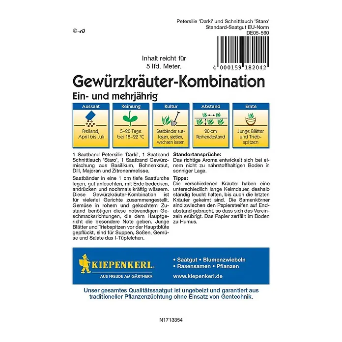 Kiepenkerl Kräutersamenmischung - Verschiedene sorten, Erntezeit: Juni - Abbildung der 'Gewürzkräuter-Kombination' von Kiepenkerl, einer Saatgutmischung für den Anbau verschiedener Küchenkräuter im Garten.