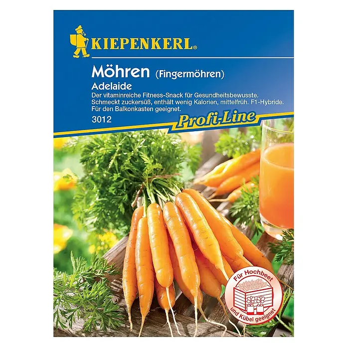 Kiepenkerl Profi-Line Gemüsesamen Möhre - Adelaide, Daucus carota ssp. sativus, Erntezeit: Juni - Produktbild von Kiepenkerl Möhren Adelaide (Fingermöhren). Vitaminreicher, zuckersüßer und kalorienarmer Snack, ideal für den Balkonkasten.