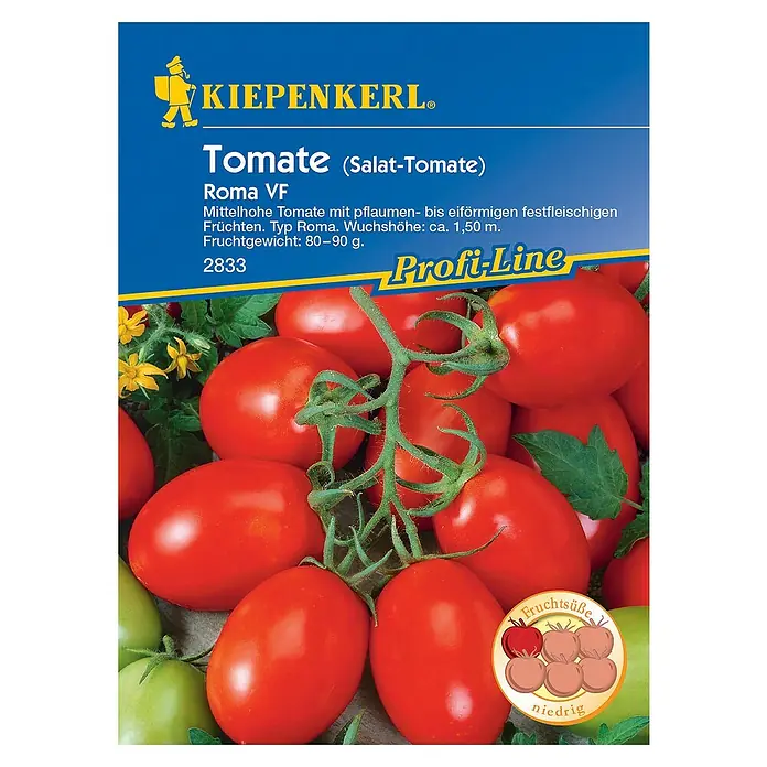 Kiepenkerl Profi-Line Gemüsesamen Tomate Roma - Solanum lycopersicum, Erntezeit: Juli - Samentüte Kiepenkerl Roma VF, eine mittelhohe, festfleischige Salat-Tomate. Ideal für den Anbau im eigenen Garten.