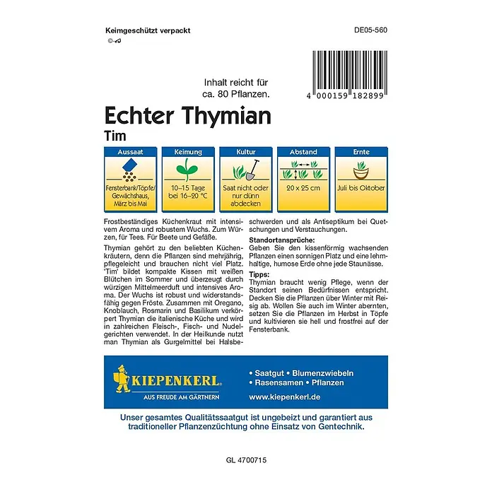 Kiepenkerl Profi-Line Kräutersamen Thymian - Thymus vulgaris, Erntezeit: Juli - Abbildung einer Samenpackung Echter Thymian 'Tim' von Kiepenkerl, die Informationen zu Aussaat, Keimung, Kultur, Abstand und Ernte enthält.