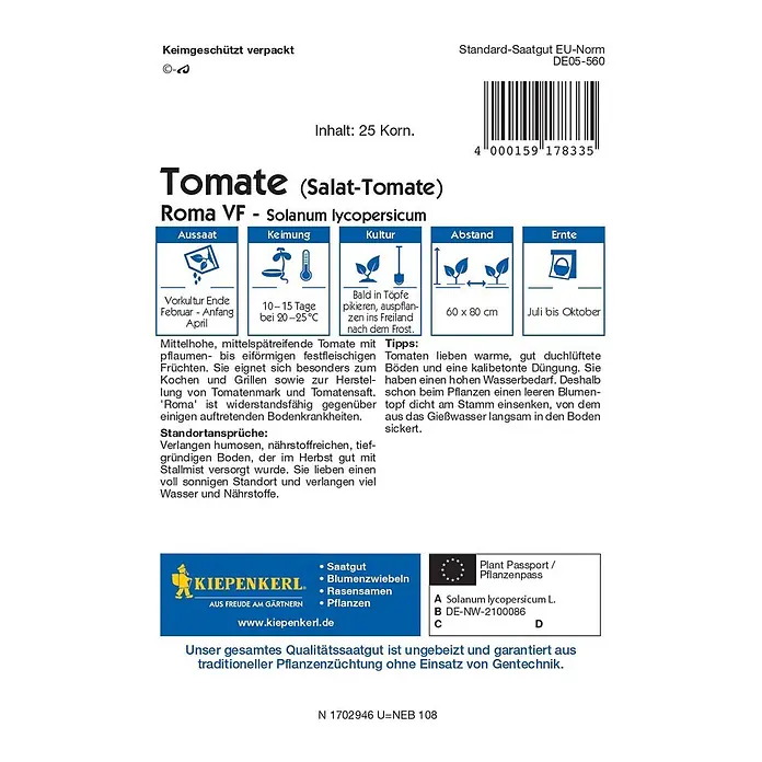 Kiepenkerl Profi-Line Gemüsesamen Tomate Roma - Solanum lycopersicum, Erntezeit: Juli - Abbildung einer Saatguttüte 'Roma VF' Tomate von Kiepenkerl. Informationen zu Anbau, Keimung und Ernte sind dargestellt.
