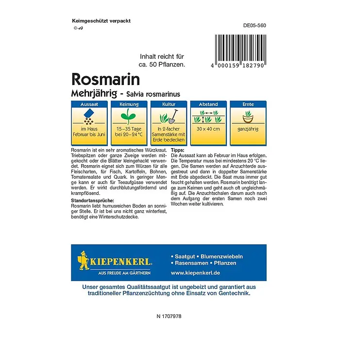 Kiepenkerl Profi-Line Kräutersamen Rosmarin - Rosmarinus officinalis, Saatzeit: Mai, Erntezeit: Ganzjährig - Abbildung einer Rosmarin-Samenpackung, die Anweisungen zur Aussaat, Keimung, Kultivierung, Abstand und Ernte enthält.