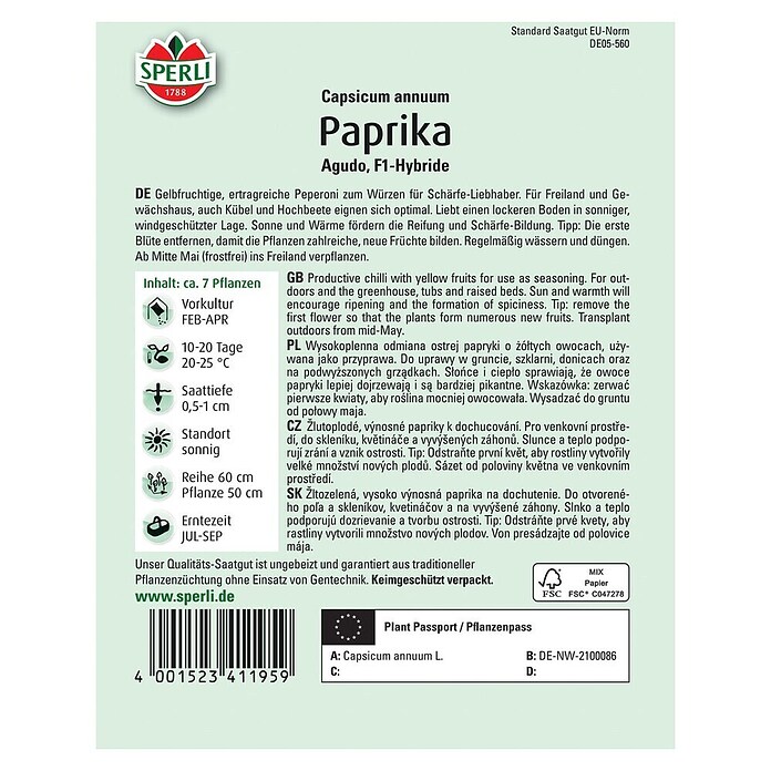 Sperli Gemüsesamen Paprika (Agudo F1, Capsicum annuum, Erntezeit: Juli) | BAUHAUS