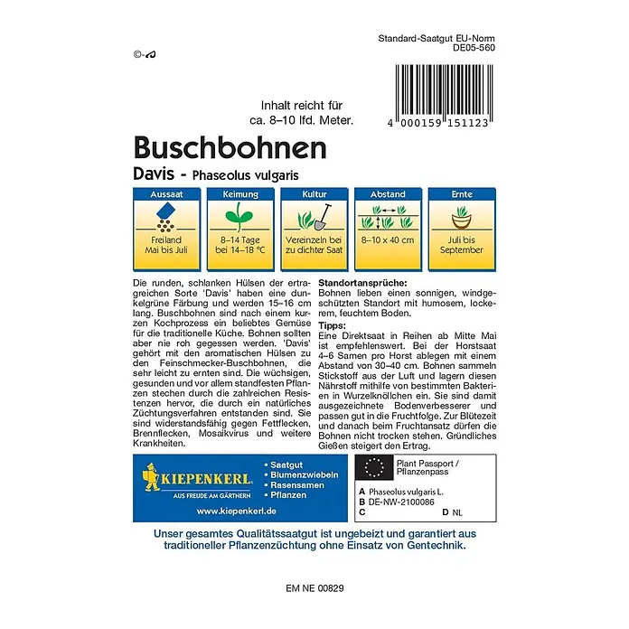 Kiepenkerl Profi-Line Gemüsesamen Buschbohne - Davis, Phaseolus vulgaris, Erntezeit: Juli - Abbildung der 'Davis' Buschbohnen-Samenpackung, einer widerstandsfähigen Sorte für den traditionellen Gartenbau ohne Gentechnik.