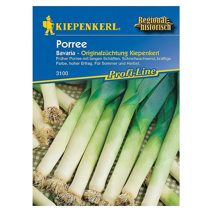 Kiepenkerl Profi-Line Gemüsesamen Porree Bavaria 3100 - Allium porrum, Erntezeit: August - Produktfoto von "Porree Bavaria - Originalzüchtung Kiepenkerl"-Samen, ideal für Sommer und Herbst, mit hohem Ertrag und kräftiger Farbe.