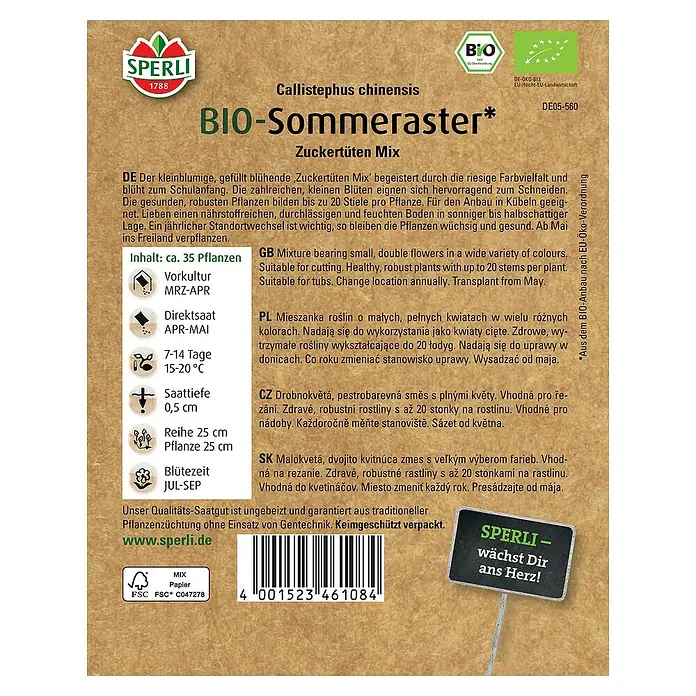 Sperli Blumensamen BIO Sommeraster - Callistephus chinensis - SPERLI BIO-Sommeraster-Samentüte mit der Aufschrift Zuckertüten Mix, ideal für farbenfrohe Sommerblumen.