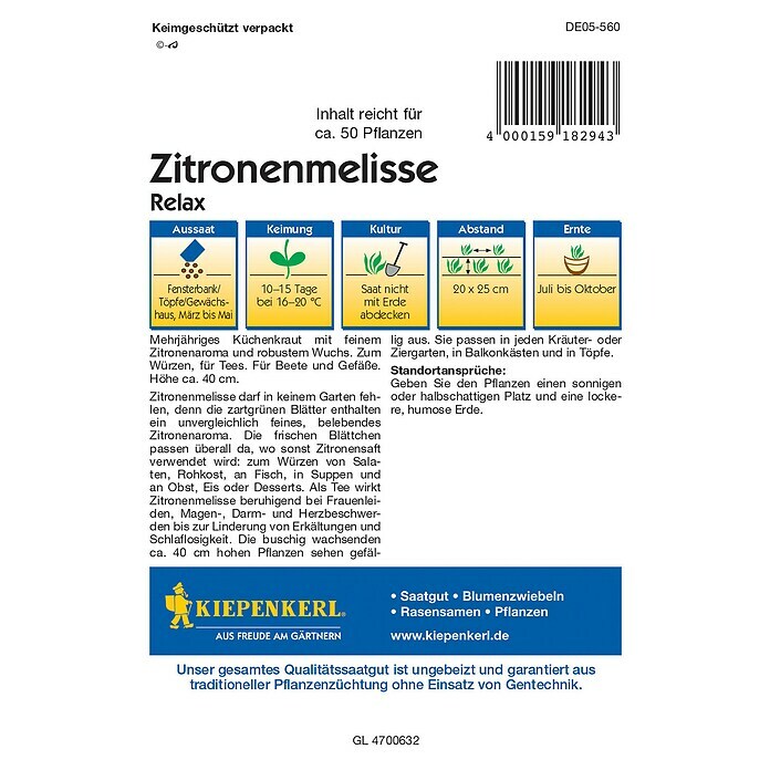 Kiepenkerl Profi-Line Kräutersamen Zitronenmelisse (Melissa officinalis, Erntezeit: Juli) | BAUHAUS