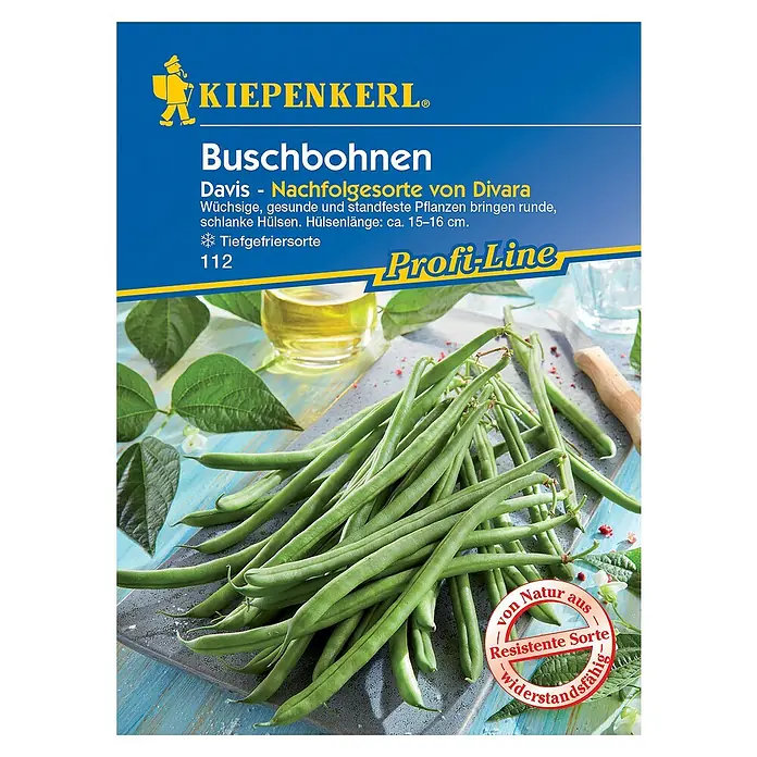 Kiepenkerl Profi-Line Gemüsesamen Buschbohne - Davis, Phaseolus vulgaris, Erntezeit: Juli - Buschbohnen "Davis": Eine widerstandsfähige Sorte von Kiepenkerl mit runden, schlanken Hülsen. Ideal zum Tiefgefrieren.