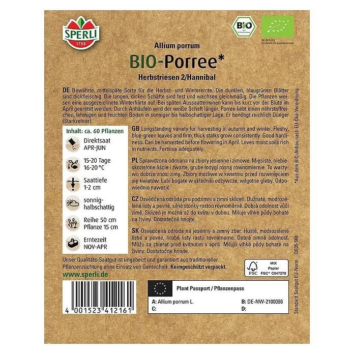 Sperli Gemüsesamen BIO Porree - Allium porrum, Erntezeit: November - Abbildung einer Samenpackung von Bio-Porree "Herbstriesen 2/Hannibal" von Sperli.