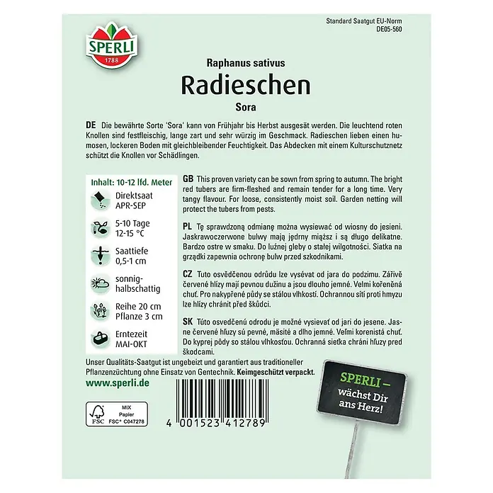 Sperli Gemüsesamen Radieschen Sora - Raphanus sativus, Erntezeit: Juni - SPERLI Radieschensamen 'Sora': Für knackige, würzige Radieschen vom Frühjahr bis Herbst. Inhalt: 10-12 lfd. Meter.