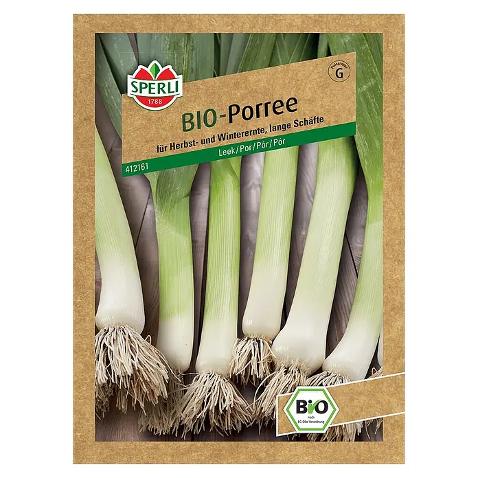 Sperli Gemüsesamen BIO Porree - Allium porrum, Erntezeit: November - Das Bild zeigt eine Samenpackung "BIO-Porree" von Sperli, ideal für Herbst- und Winterernte mit langen Schäften.