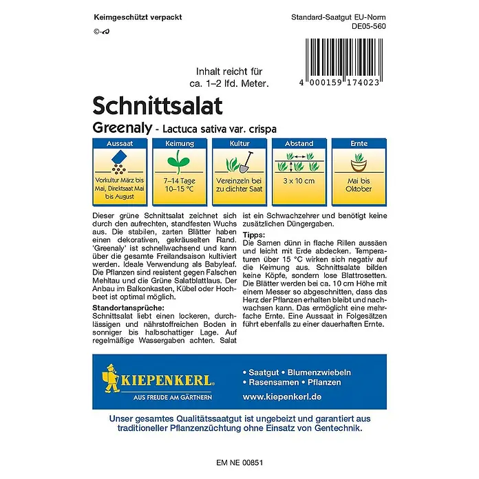 Kiepenkerl Profi-Line Salatsamen SchnittsalatLactuca sativa var. crispa, Erntezeit: Mai - Bild einer Samenpackung für Greenaly Schnittsalat, ideal für den Anbau im Garten oder Balkon, mit detaillierten Anweisungen.