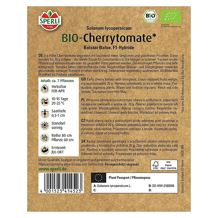 Sperli Gemüsesamen BIO Cherrytomate F1 - Solanum lycopersicum, Erntezeit: Juli - Samenpackung für "BIO-Cherrytomate" Bolstar Baloe, F1-Hybride, mit Infos zu Anbau und Ernte.