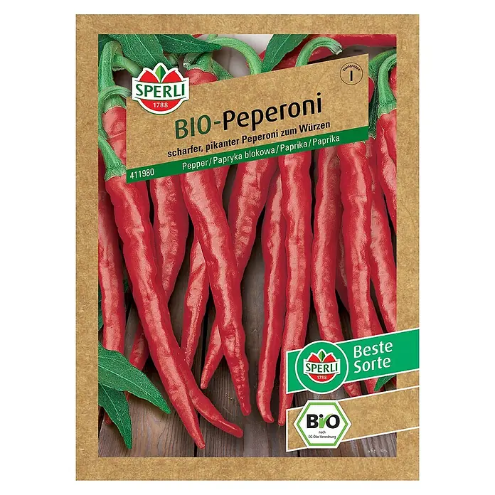 Sperli Gemüsesamen BIO Peperoni - Capsicum annuum, Erntezeit: Juli - Samenpackung Bio-Peperoni von Sperli, scharfe, pikante Sorte zum Würzen, ideal für die Küche.