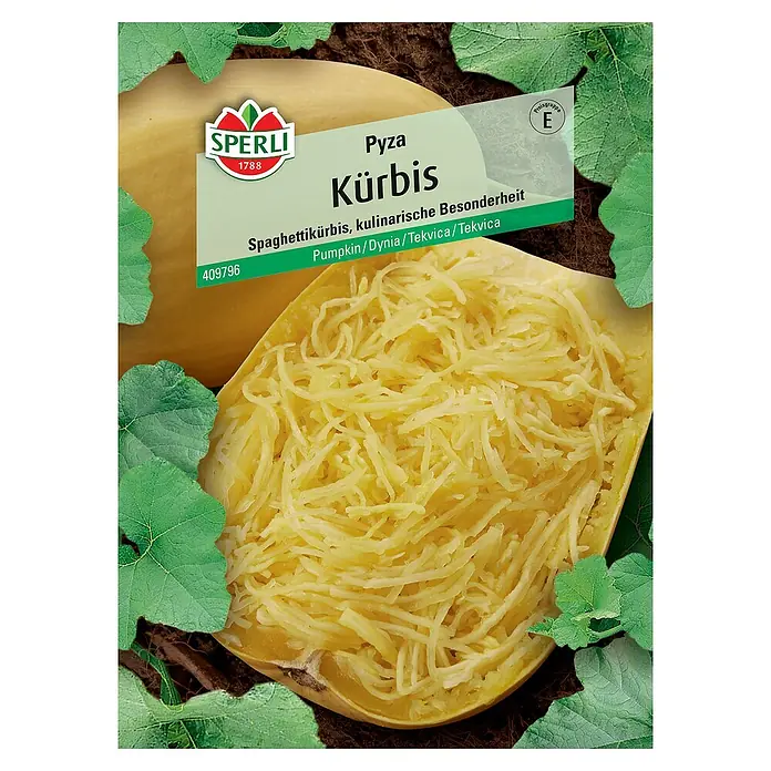 Sperli Gemüsesamen Kürbis Pyza - Cucurbita pepo, Erntezeit: September - Abbildung eines Samenspäckchens des Pyza Kürbis von Sperli, einer kulinarischen Spaghettikürbis-Besonderheit.