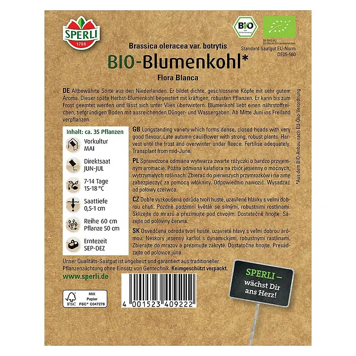 Sperli Gemüsesamen BIO Blumenkohl - Brassica oleracea var. botrytis, Erntezeit: September - Samenpackung Bio-Blumenkohl Flora Blanca von Sperli mit Anbauhinweisen und Zertifizierungen.