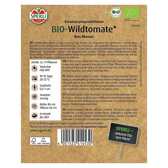 Sperli Gemüsesamen BIO Wildtomate - Solanum pimpinellifolium, Erntezeit: Juli - Samenpackung Bio-Wildtomate "Rote Murmel" von Sperli, ideal für süße Naschfrüchte im Garten.