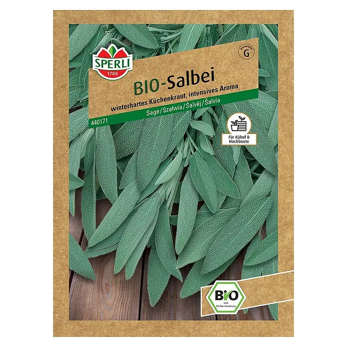 Sperli Kräutersamen BIO Salbei - Salvia officinalis, Saatzeit: Mai, Erntezeit: Mai - Samenpackung Bio-Salbei von Sperli mit dem Hinweis auf winterhartes Küchenkraut für Kübel und Hochbeete.
