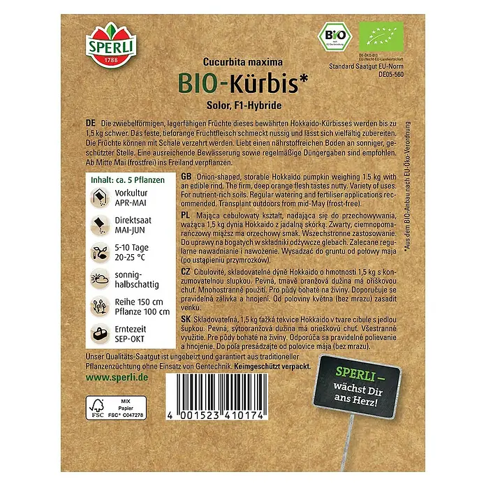 Sperli Gemüsesamen BIO Kürbis - Cucurbita maxima, Erntezeit: September - Bild einer SPERLI BIO-Kürbis-Saatgutpackung mit dem Text: Solor, F1-Hybride.