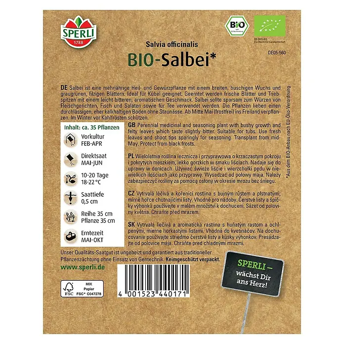 Sperli Kräutersamen BIO Salbei - Salvia officinalis, Saatzeit: Mai, Erntezeit: Mai - Samenpackung Bio-Salbei von Sperli. Mehrjährige Heil- und Gewürzpflanze für Garten und Küche.