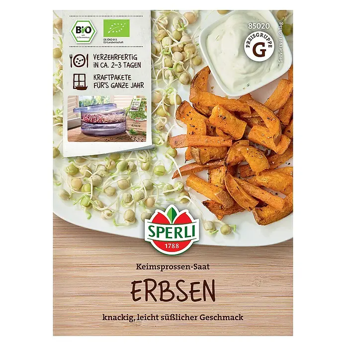 Sperli Saatgut Keimsprossen Erbsen - Erntezeit: Ganzjährig - Produktbild: Samen für Erbsensprossen von Sperli, knackig und leicht süßlich im Geschmack, ideal für Salate und als Topping.
