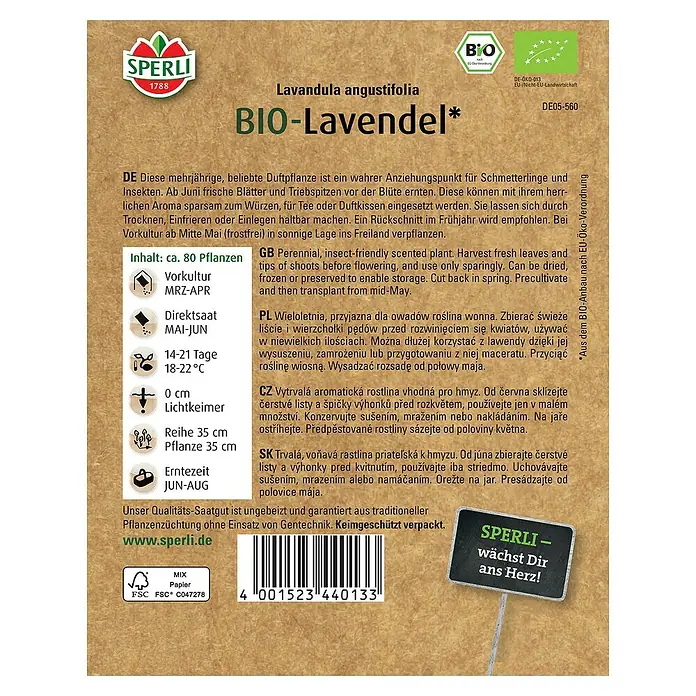 Sperli Kräutersamen BIO Lavendel - Lavandula angustifolia, Saatzeit: Mai, Erntezeit: Juni - SPERLI BIO-Lavendel-Samenpackung. Mehrjährige, duftende Pflanze für Schmetterlinge und Insekten, ideal zum Würzen und für Duftkissen.