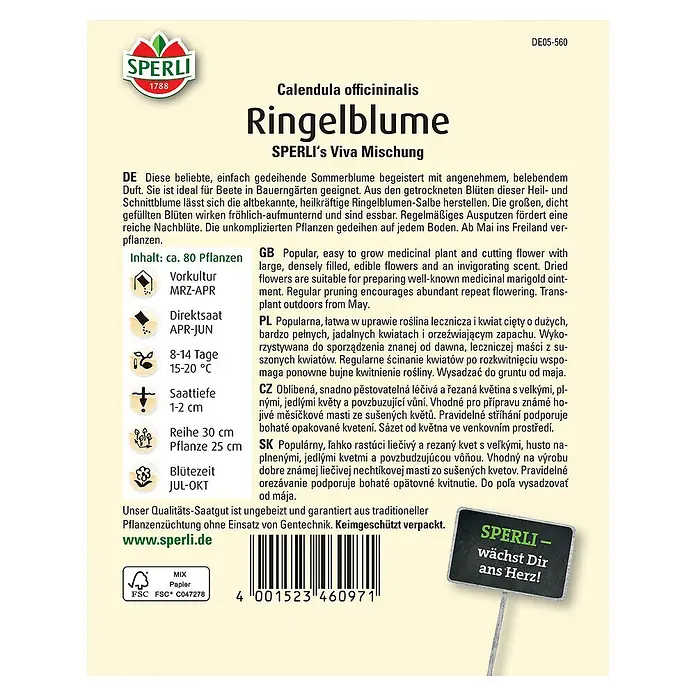 Sperli Blumensamen Ringelblume - Calendula officinalis - SPERLI Ringelblume Saatgutpackung. Beliebte, einfach anzubauende Sommerblume mit essbaren Blüten für Bauerngärten.