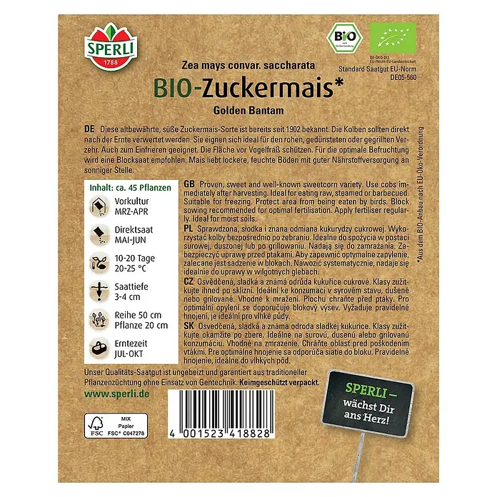 Sperli Gemüsesamen BIO Zuckermais - Zea mays ssp. saccharata, Erntezeit: Juli - Samenpackung für Bio-Zuckermais "Golden Bantam" von Sperli, ideal für den Anbau im Garten.