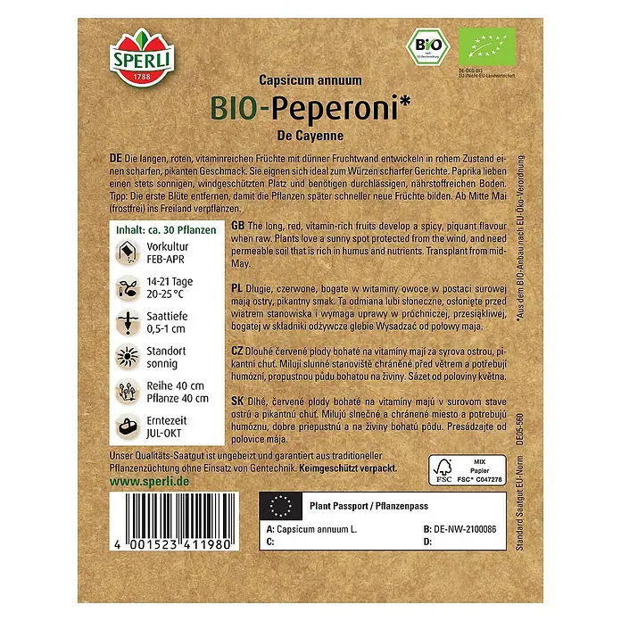 Sperli Gemüsesamen BIO Peperoni - Capsicum annuum, Erntezeit: Juli - Abbildung der Saatgutpackung BIO-Peperoni 'De Cayenne' von Sperli, einer Sorte für scharfe Gerichte und sonnige Standorte.