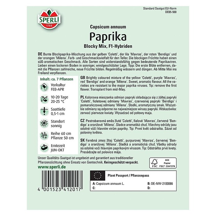 Sperli Gemüsesamen Paprika (Blocky Mix F1, Capsicum annuum, Erntezeit: Juni) | BAUHAUS