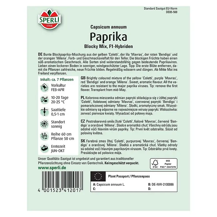 Sperli Gemüsesamen Paprika - Blocky Mix F1, Capsicum annuum, Erntezeit: Juni - Samensamenpackung Paprika 'Blocky Mix F1', eine farbenfrohe Mischung für den Anbau von süßen und aromatischen Blockpaprika im Garten.