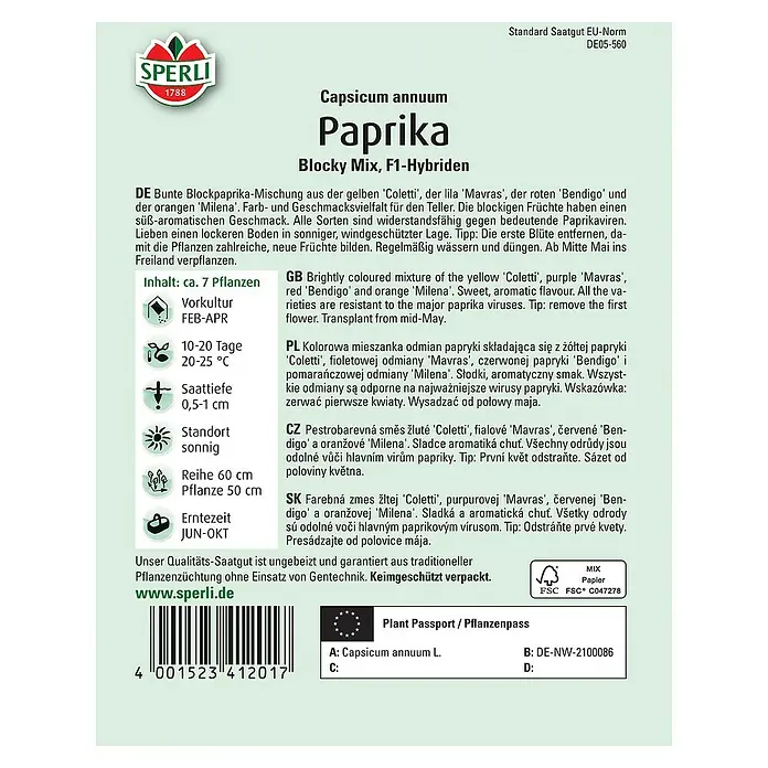 Sperli Gemüsesamen PaprikaBlocky Mix F1, Capsicum annuum, Erntezeit: Juni - Samensamenpackung Paprika 'Blocky Mix F1', eine farbenfrohe Mischung für den Anbau von süßen und aromatischen Blockpaprika im Garten.