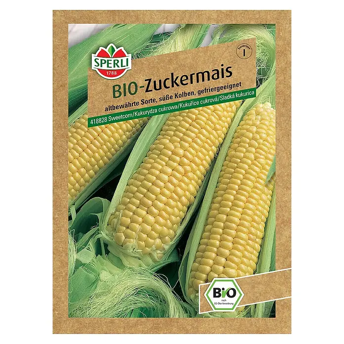 Sperli Gemüsesamen BIO Zuckermais - Zea mays ssp. saccharata, Erntezeit: Juli - Bild einer Samenpackung für Bio-Zuckermais der Marke Sperli. Die Packung zeigt gelbe Maiskolben und trägt das Bio-Siegel.