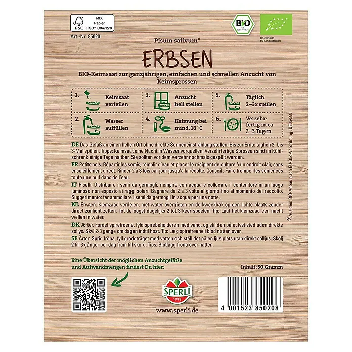 Sperli Saatgut Keimsprossen Erbsen - Erntezeit: Ganzjährig - Abbildung einer Saatguttüte von Sperli mit Erbsensamen für die Sprossenanzucht.