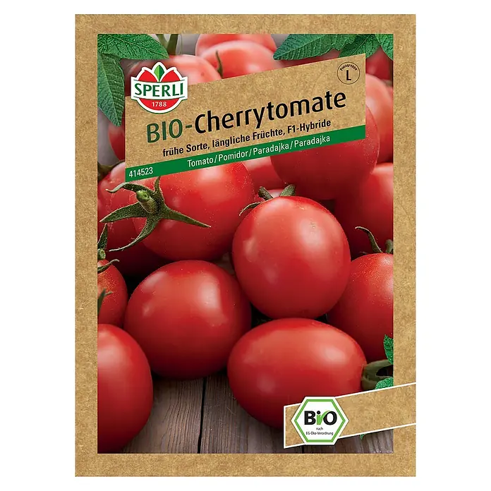 Sperli Gemüsesamen BIO Cherrytomate F1 - Solanum lycopersicum, Erntezeit: Juli - Samenpackung für Bio-Cherrytomaten "Sperli 1788". Ideal für frühe Ernte, längliche Früchte, F1-Hybride. Für den ökologischen Anbau geeignet.