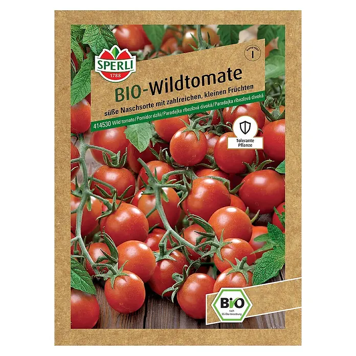 Sperli Gemüsesamen BIO Wildtomate - Solanum pimpinellifolium, Erntezeit: Juli - Samenpackung Bio-Wildtomate mit süßen, zahlreichen, kleinen Früchten, ideal für Naschgärten.