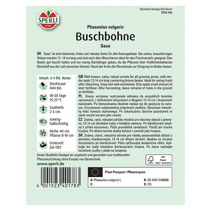 Sperli Gemüsesamen Buschbohne (Phaseolus vulgaris var. nanus, Erntezeit: Juli, Saxa) | BAUHAUS